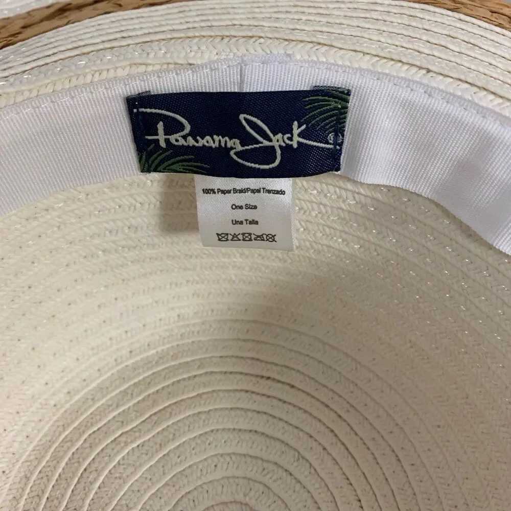 Panama Jack White Straw Hat Women's One SIze Brown Band Brim Woven Summer Beach